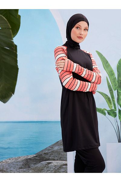 MAYOU Sports Hijab Swimsuit with Finger Sleeve Stripe Stripes - Black - Mayou