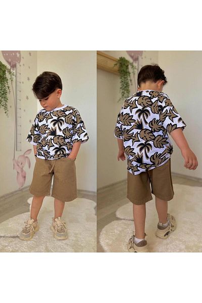 KOKOŞ BEBEK Men's Palm Tree Pattern Shorts Suit