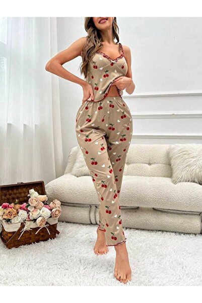 CSR HOMEWEAR Women's Strap Pants Frilled Pajama Set Cherry