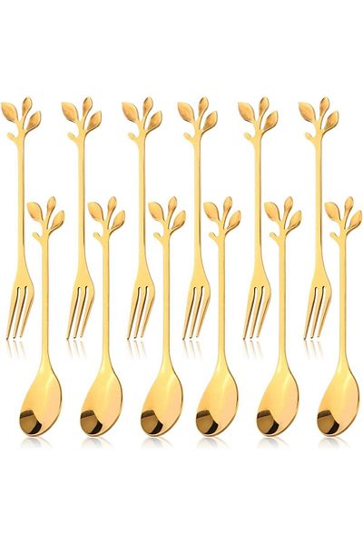 Generic 12pcs Stainless Steel Gold Leaf Coffee Spoons and Cake Forks, Elegant Dessert Tableware Set for Tea