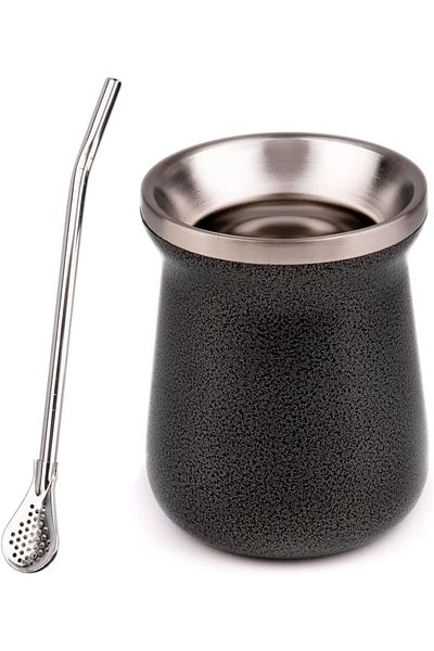 Generic SYOSI Stainless Steel Yerba Mate Cup Set - 8oz Double Walled Gourd with Bombilla Straw (Black) - Pe