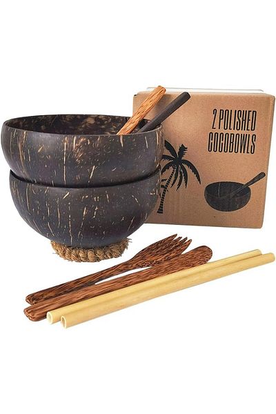 Generic GREBIRD 10 Pack Natural Coconut Bowls with Wooden Forks and Spoons, Straws, Bowl Mats, Acai Smoothi