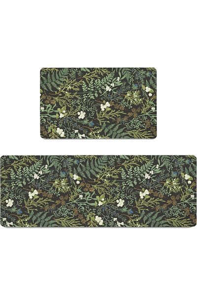 Generic Tazweeq Black Green Botanical Kitchen Rugs Set of 2, 17.3" x28"+17.3" x 47", Plant Leaf Anti-Fatigu
