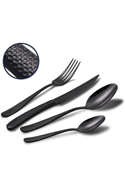 TERRIFI Hammered Silverware Set, 4-Piece Modern Black 18/10 Stainless Steel F...