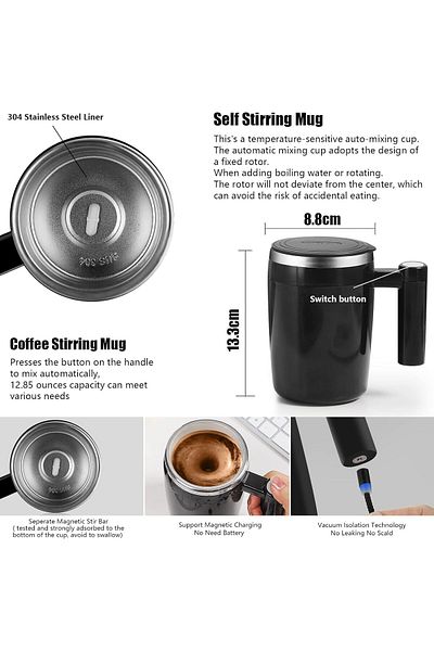 Generic FCSWEET Self Stirring Mug,Rechargeable Auto Magnetic Coffee Mug with 2Pc Stir Bar,Waterproof Automa
