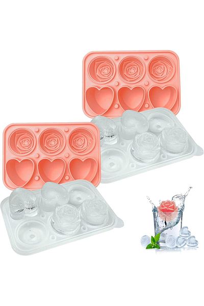 Generic NewBinn Pink Ice Cube Molds 2 Pack, Rose & Heart-shaped Ice Cube Trays with Built-in Funnel, Silico