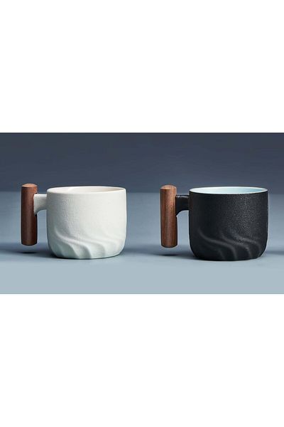 Generic 2 Pcs Espresso Cups Set, 70ml Ceramic Coffee Cups with Wooden Handle, Small Tea & Demitasse Cups fo