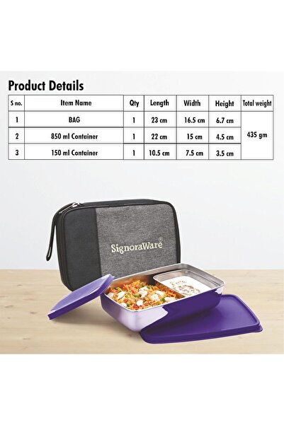 Generic Signoraware 150ml+850ml Stainless Steel Lunch Box with Bag (Violet)