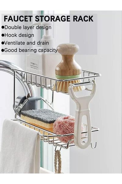 Generic Sponge Holder for Kitchen Sink, SYOSI, Double-Layer Faucet Rack, Multifunction Stainless Steel Fauc