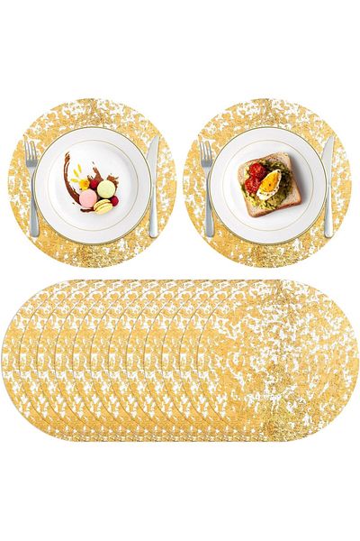 Generic Bukela 12 Pcs Disposable Gold Foil Placemats 33cm Round Gold Foil Place Mats, Decorative Mesh Press