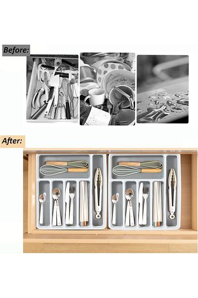 Generic Oasisgalore Silverware Organizer, 6 Compartment Plastic Cutlery Tray, Non-slip TPR Lining, Grey Met