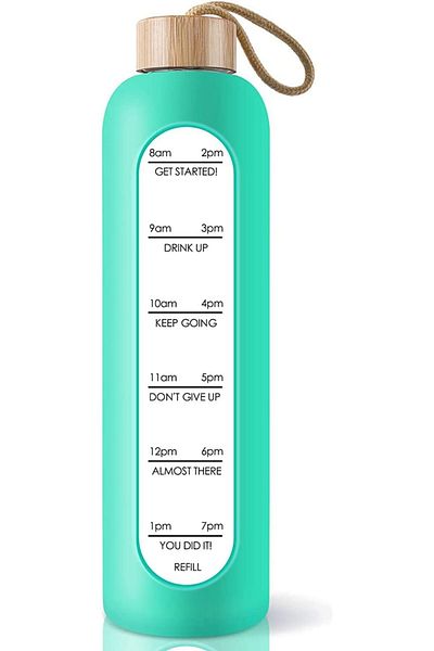 Generic KASTWAVE Motivational Glass Water Bottle with Time Markers, Leak Proof and BPA Free, 32 Oz with Sil