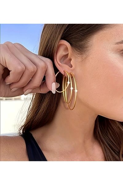 Tasarım Steel Earrings 3-Piece Large Hoop 2 mm Thickness 3-4-5 cm Length Gold Yellow Gold