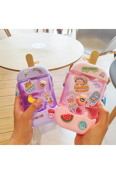 Generic Kawaii Water Bottle, Cute Ice Cream Water Bottles with Straw, Kawaii Popsicle Water Bottle with Adj
