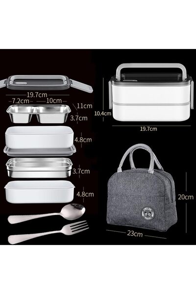 HI-FINE (ag84ad4ez3)Lunch Box, 2 Tier Stainless Steel Bento Lunch Box with 3 Compartments and Cutlery (Spoon & Fork)