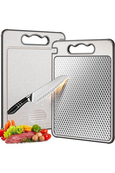 Generic Double Sided 304 Stainless Steel & Wheat Straw Cutting Board, 14.4"*9.8" Non Toxic Chopping Board,
