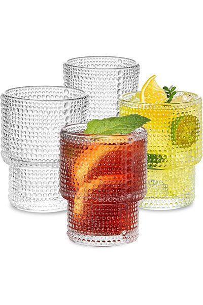 Generic KASTWAVE Ribbed Glass Cups Vintage Glassware | Set of 4 Small, Raindrop Origami Style Transparent C