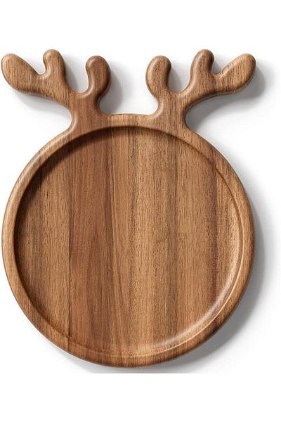 Generic MMMA Wooden Serving Platter with Antler Handle, Creative Breakfast Afternoon Tea Tray Wooden Fruit