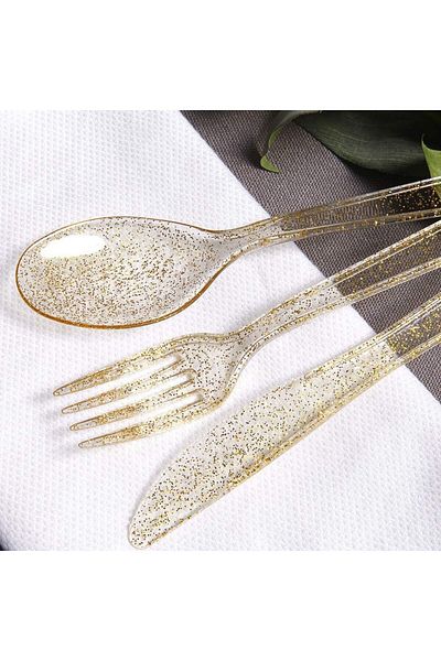 Generic NALACAL 30 Pieces PVC Plastic Knife and Fork Cutlery Set,Disposable Gold Glitter Plastic Tableware
