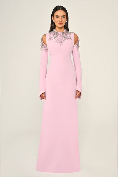 ALFABETA Long crepe evening dress with long sleeves