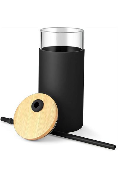 Generic SYOSI Glass Tumbler with Straw and Bamboo Lid and, 600ml Creative Chic Drinking Cup, Transparent St