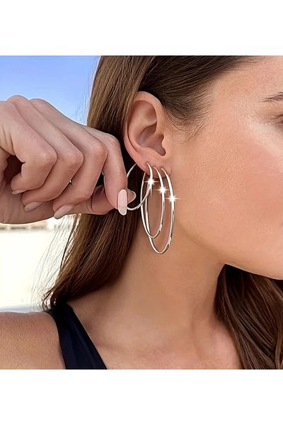 Tasarım Steel Earrings 3-Piece Large Hoop 2 mm Thickness 3-4-5 cm Length Silver Silver