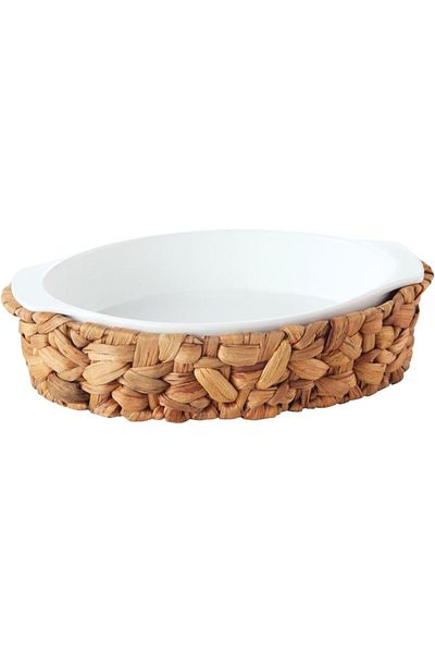 Generic Bien Servi 2-Piece Ceramic Oval Serving Dish with Rattan Basket White and Brown HM0607-PL