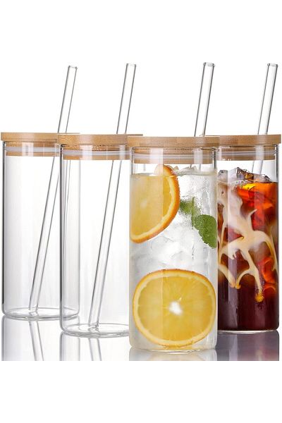 Generic 4 Set 20 OZ Drinking Glasses with Bamboo Lids and Straws, Borosilicate Glass Tumbler Cups - Tall Cl