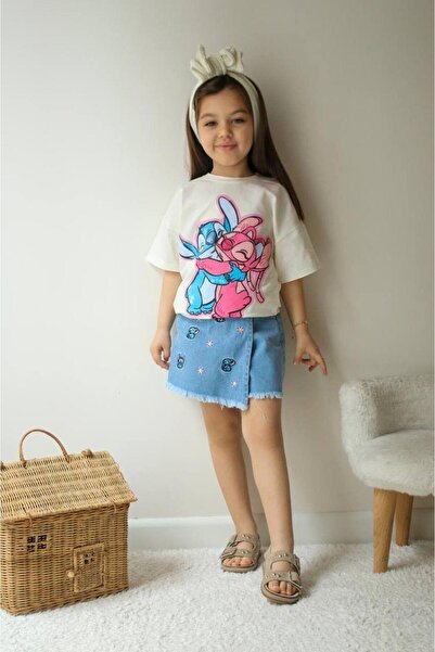 KOKOŞ BEBEK Stitch Themed Shorts Skirt Jeans Set |   Between 3/4 Years