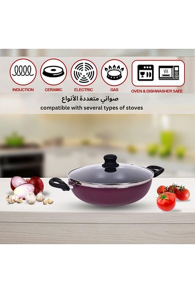Generic FEI Aluminium Wok Pan with Glass Lid, 26 cm Diameter, Black/Red