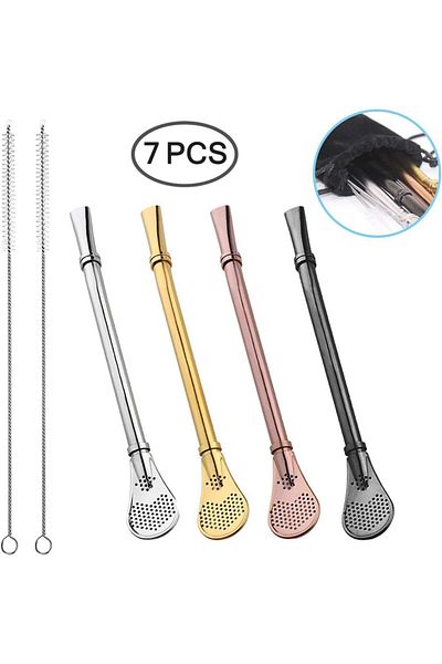 Generic Premium Yerba Mate Bombillas, Drinking & Stirring Spoons with Filter, 4 Colors, Includes 2 Cleaning