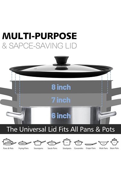 Generic Universal Lid for Pots Pans and Skillets Tempered Glass Covered with Heat Resistant Silicone Rim Di