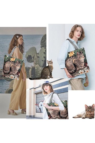 Generic Cat Canvas Tote Bag, Cute-Tabby Shoulder Bag with Zipper for Women, Vintage Aesthetic Heavy Reusabl