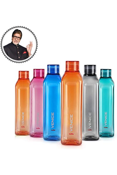 Generic Cello Venice Plastic Water Bottle, 1 Litre, Set of 6, Multicolour