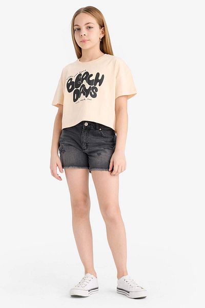 DeFacto Girls Crew Neck Printed Short Sleeve T-Shirt E0384A825Sm