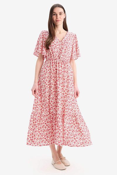 DeFacto V-Ausschnitt, Ciek-Muster, Schnürung, kurze Ärmel, Midi-Sommerkleid D2835ax25sm