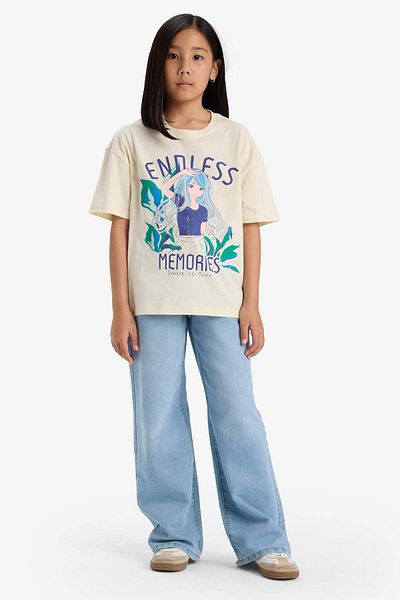 DeFacto Girl's Oversize Wide Fit Crew Neck Printed Short Sleeve T-Shirt E0356A825Sm
