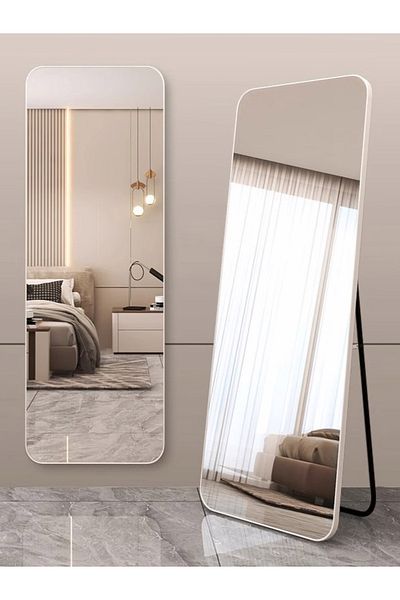 Lumely Modern Rectangular Full Length Mirror With Rounded Corners And White Metal Frame 155 X 45cm