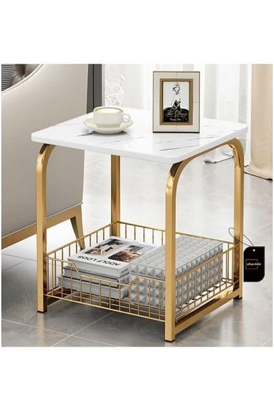 Generic AGD Modern Side Table with Storage Basket, Marble Sofa Side Table for Living Room White/Gold