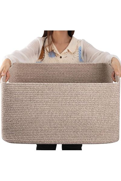 Generic OIAHOMY 75L Large Woven Storage Basket With Handle, Cotton Rope 22"x17"x12", for Blankets, Living R