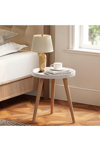 Generic Easy Assembly 15x18 Inch White Coffee small Rounded Tray Table for Living Room Bedroom Bedside & Sm