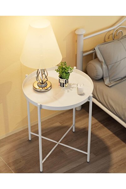 EKNITEY Folding Metal End Table with Removable Tray - White