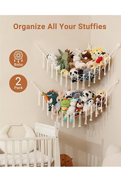 MarlaMall Boho-Style Toy Hammock for Stuffed Animals, Hanging Organizer for Nursery, 2-Piece