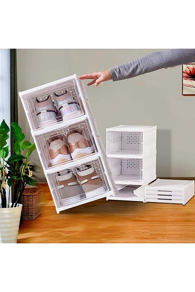 Generic Pecbase Foldable Shoe Rack Collapsible Storage Box, Free Standing Bins Stackable Plastic Tote with