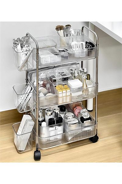 Generic Acrylic Storage Rolling Cart Clear Bathroom Cart Organizer with 4 Hanging Cups Transparency Laundry
