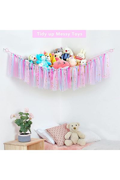 Generic Tazweeq Stuffed Animal Nursery Hanging Organizers, Colorful Tassels Net Storage Hammock for Nursery
