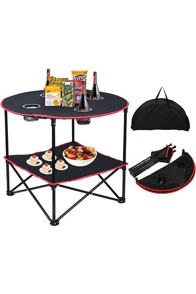 Generic ECVV® Round Portable Camping Table(72.8×50.8×61.9cm) with Carrying Bag & 4 Cup Holders - Lightweigh