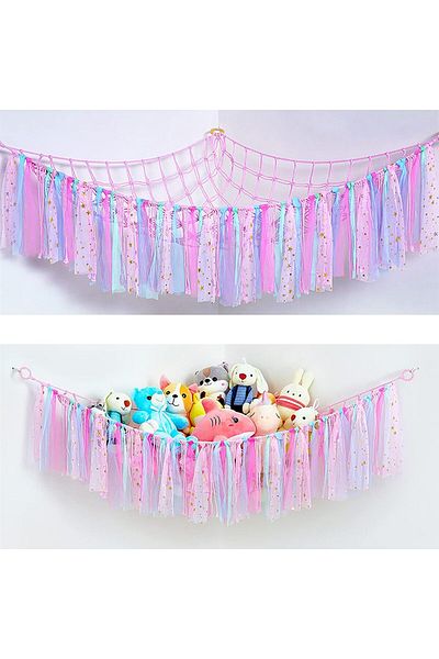 Generic Tazweeq Stuffed Animal Nursery Hanging Organizers, Colorful Tassels Net Storage Hammock for Nursery