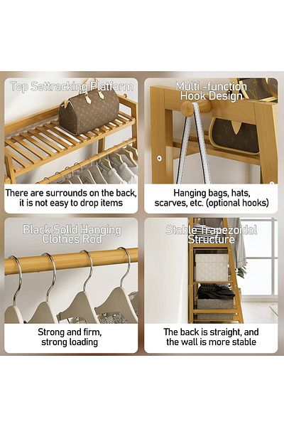 Generic Bamboo Garment Rack, Clothes Coat Hanging Rack Hall Tree Storage Shelves Closet Organizer Shoe Rack