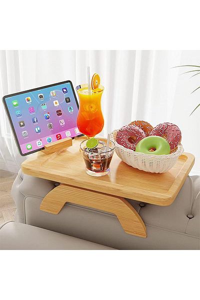 Generic Olsdeeool Bamboo Sofa Couch Arm Tray, with 360° Phone Holder Couch Arm Table Sofa Clip On Side Tabl
